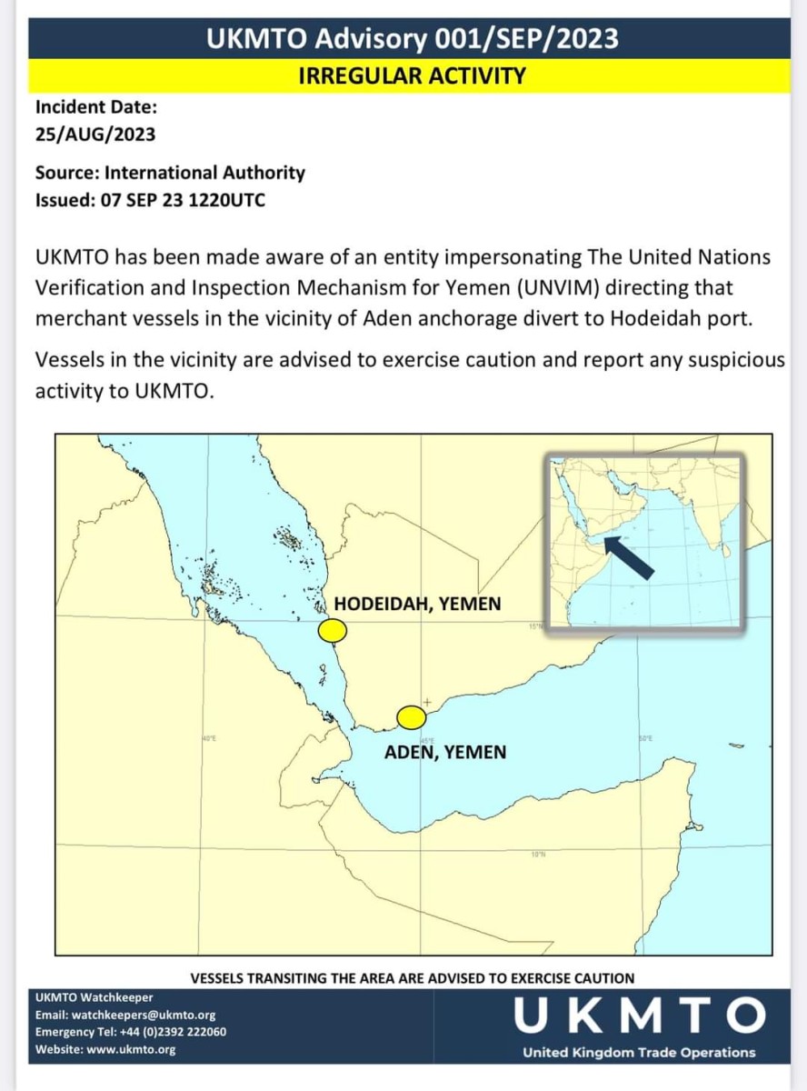 The British Navy warns of an entity impersonating the United Nations Verification and Inspection Mechanism in Yemen