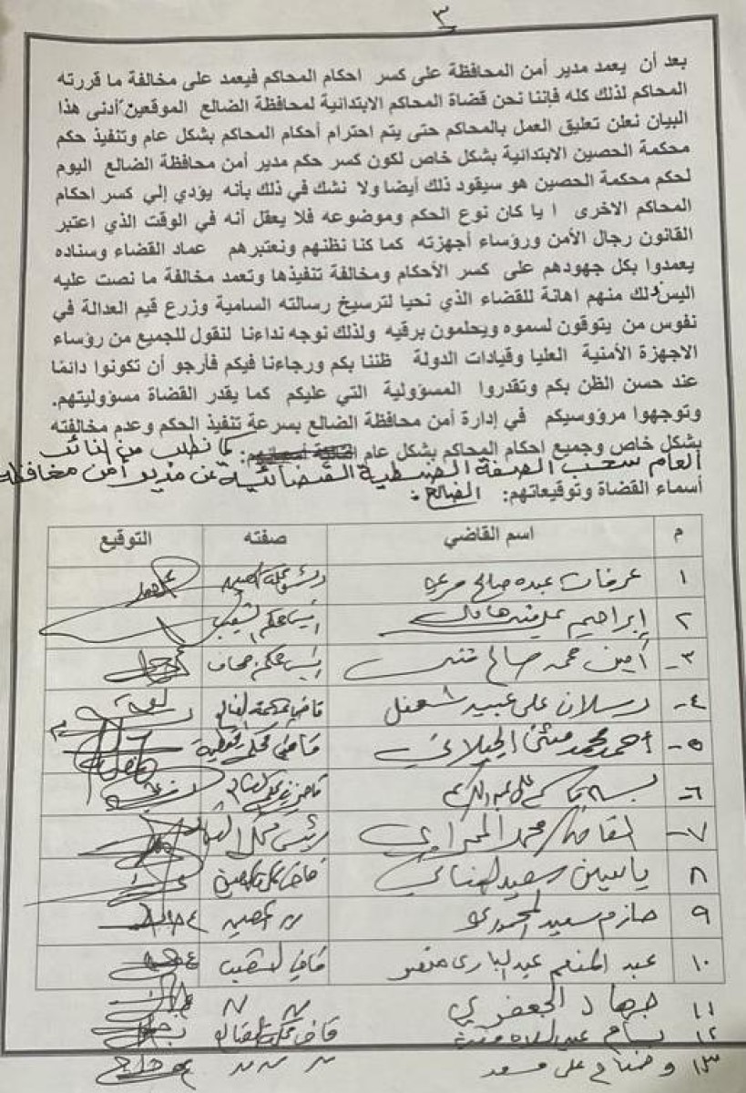 Judges and courts in Al-Dhalea suspend work in protest against the interventions of the governorate’s security director (document)