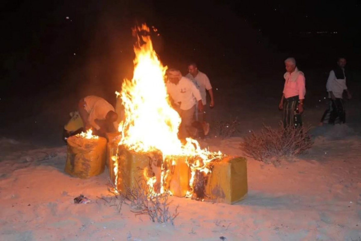 Destroying 1.5 tons of qat in Al-Shihr before smuggling it to Socotra