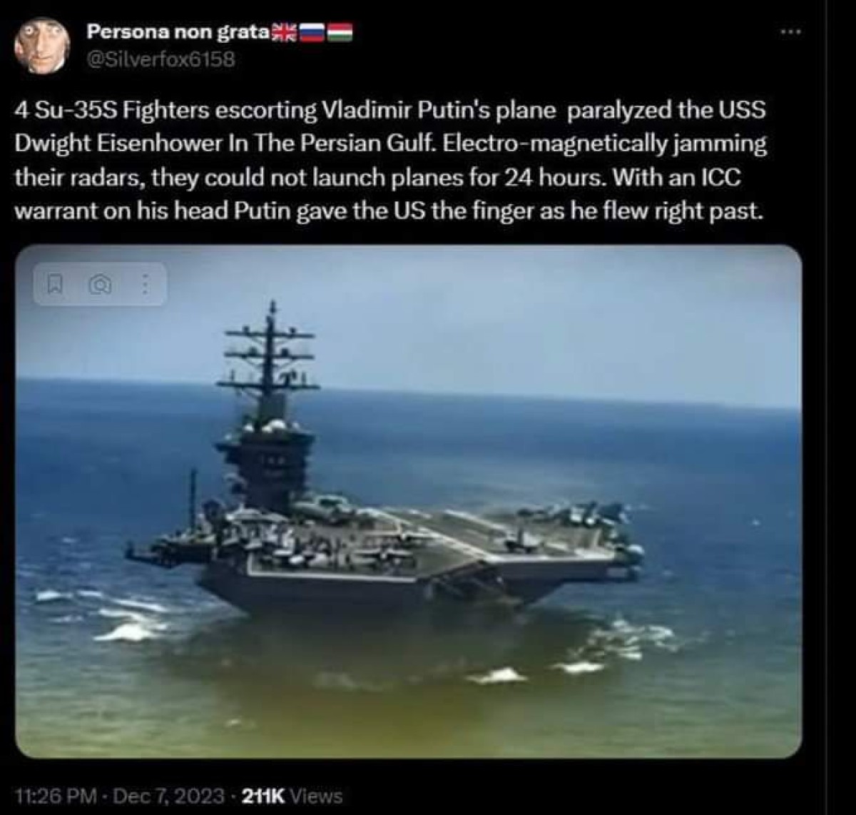 Putin's air motorcade disrupts communications on US aircraft carriers in the Persian Gulf