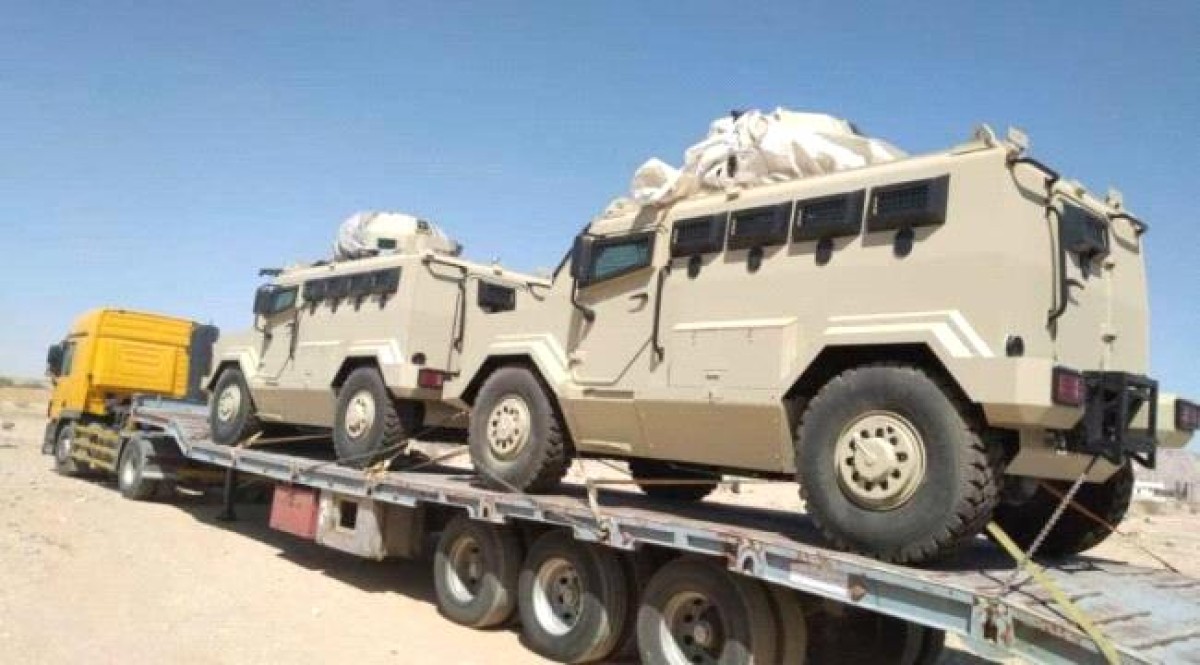 Military vehicles and equipment belonging to the National Shield Forces arrive in Aden