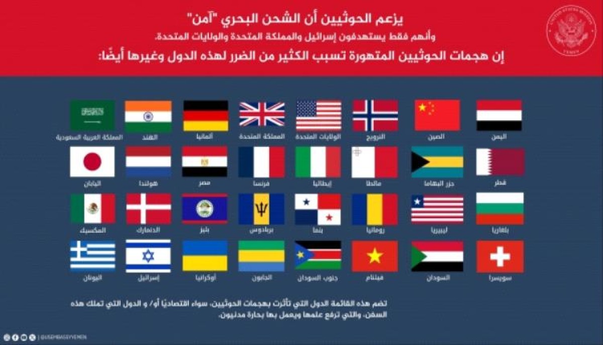 The US Embassy publishes a list of 32 countries affected by Houthi attacks