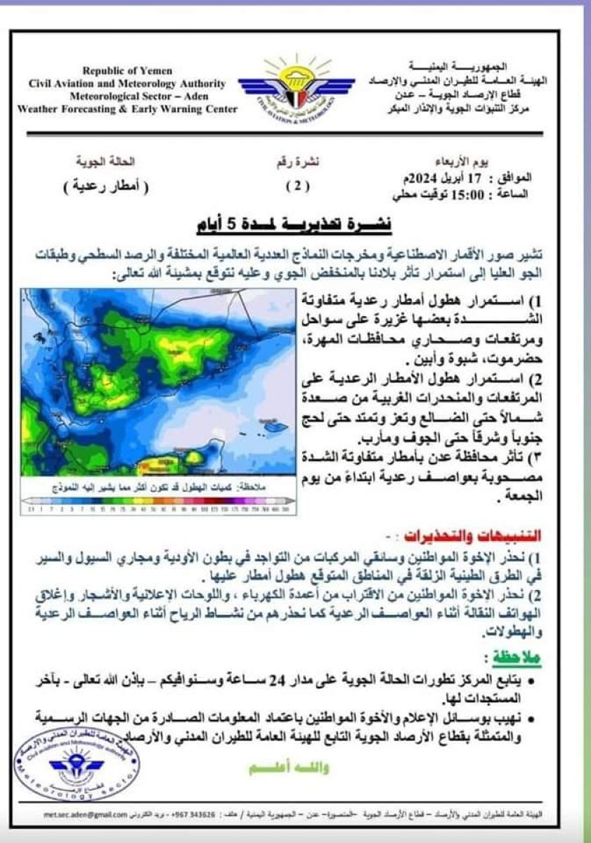 بدء تأثيرات المنخفض الجوي على محافظة أبين