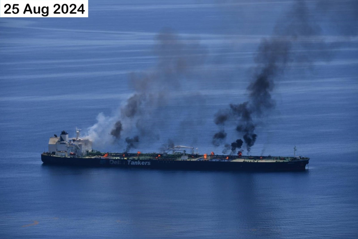 An imminent disaster...fire is still burning on the ship “Sounion” off Yemen