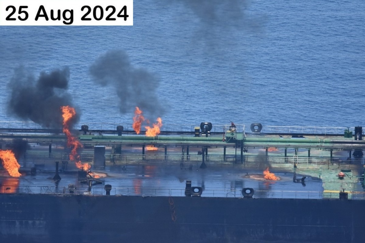 An imminent disaster...fire is still burning on the ship “Sounion” off Yemen