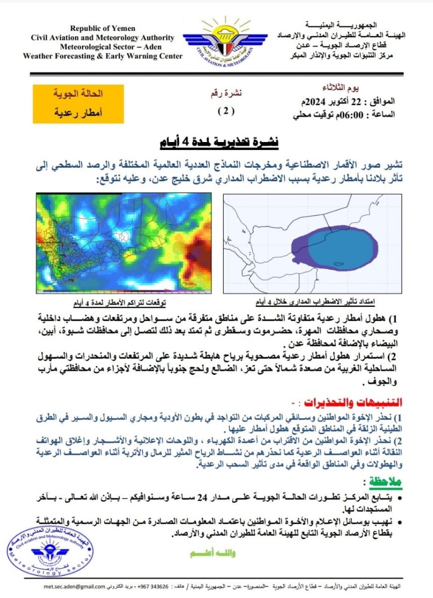 Yemeni meteorology warns of thunderstorms and strong winds during the next four days