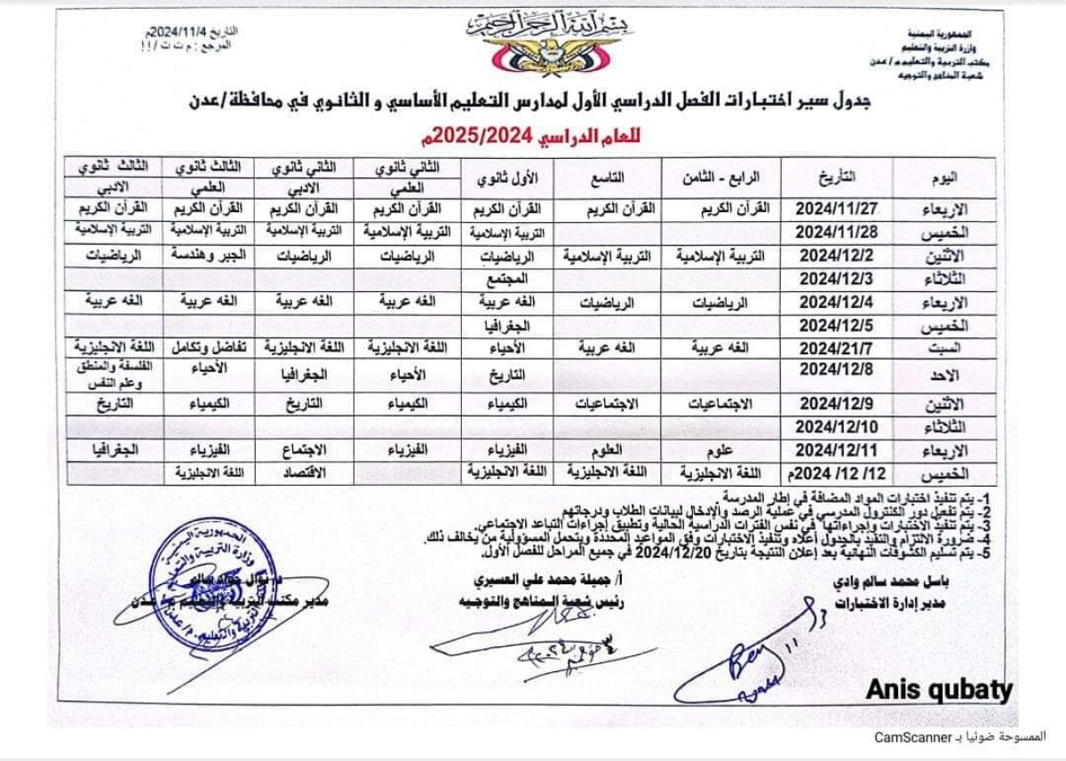 Aden Education announces the date and schedule of midterm exams for the primary and secondary levels 2024-2025 AD