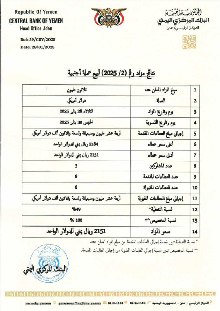 "The Central Yemen" announces the results of its second auction during the new year